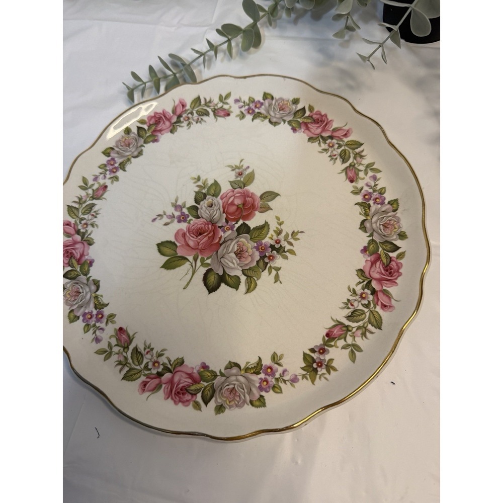 James Kent Old Foley Harmony Rose Cake Plate England Pink White Roses Fluted